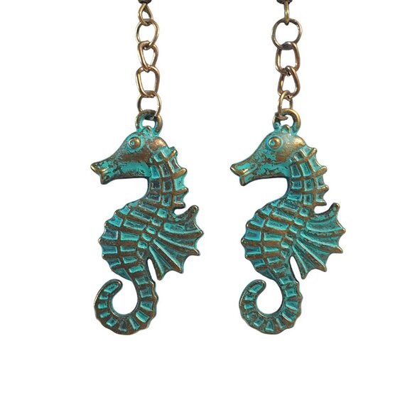 Vintage Seahorse Boho Dangle Earrings Handmade Brass Hook Chain Aqua Finish Gift - Picture 2 of 4